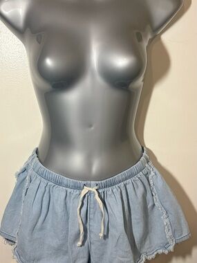 Vintage Havana Light Blue Faux Denim Fringe Drawstring Shorts Size Medium CC4430
